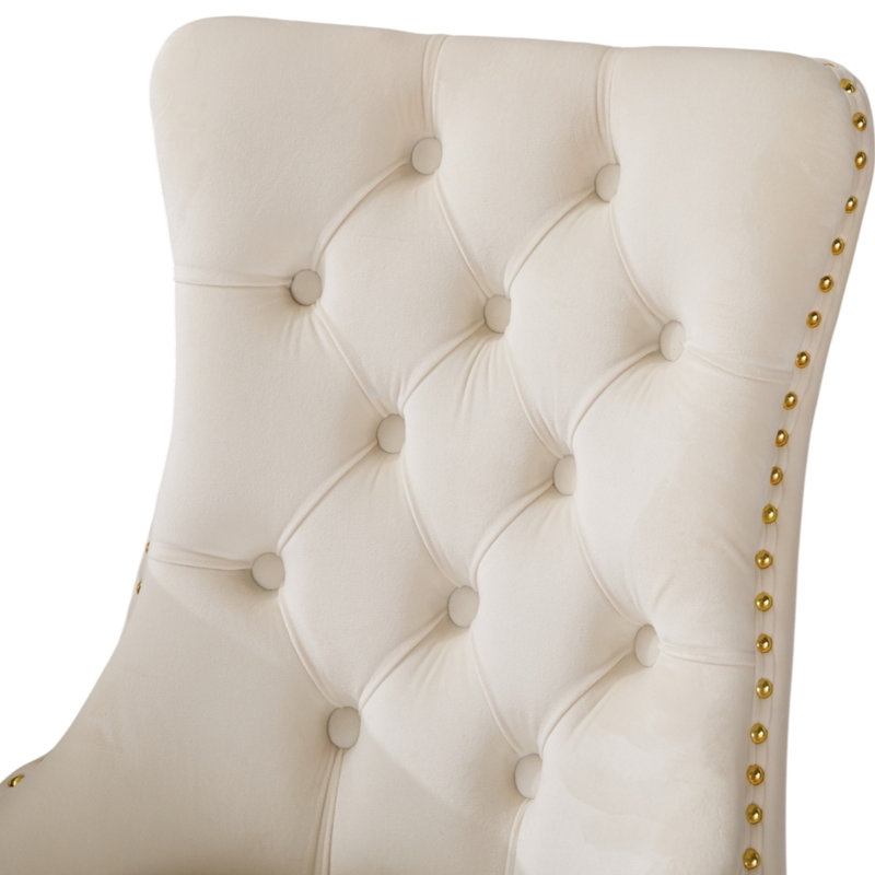 Blakeway Modern Velvet Wingback Tufted Upholstered Dining Chairs with Solid Wood Legs, Cream, Gold, 2