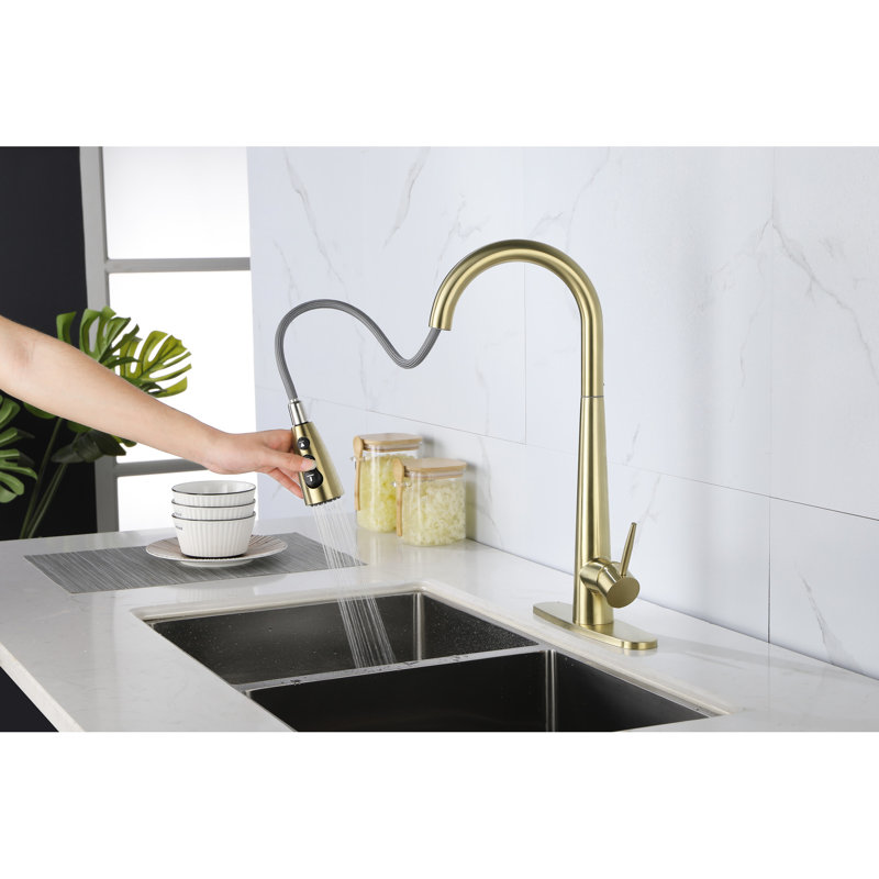 Robinet de cuisine moderne en acier inoxydable doré, rétractable, paquet de 4,2 lb, acier au look épuré, poignée simple, évier 9,89 po de profondeur