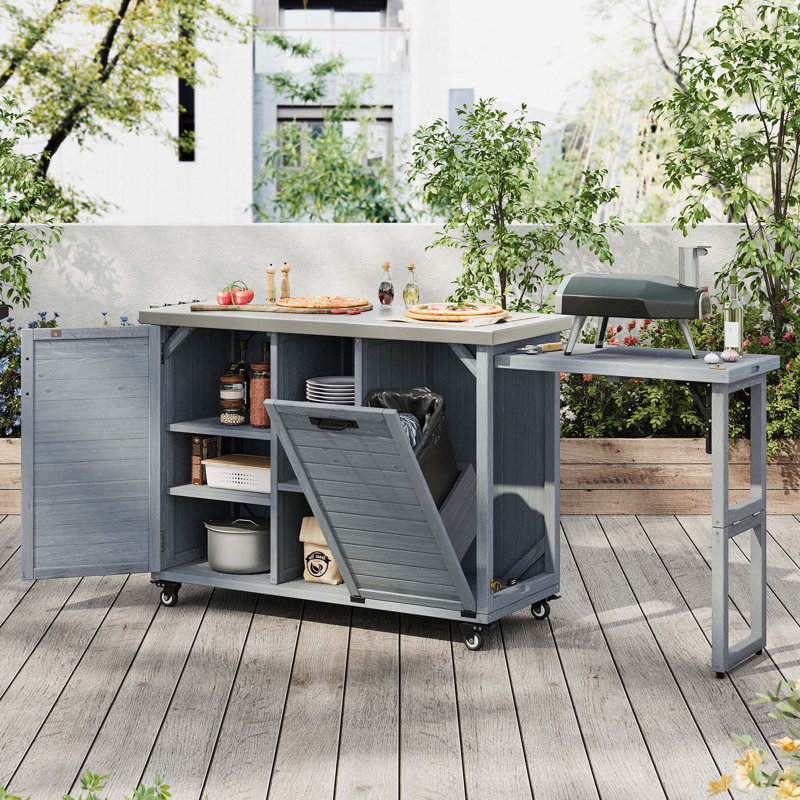 78.3" Outdoor Kitchen Island With Foldable Grill Table, Trash Can Storage & Stainless Steel Top, Blue Gray