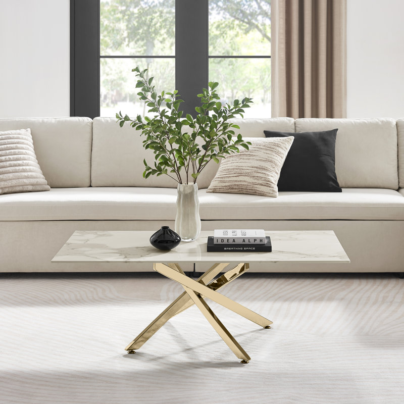 Atal Marble Effect Coffee Table - Glass Topped Metal Leg Centre Table, White, Gold