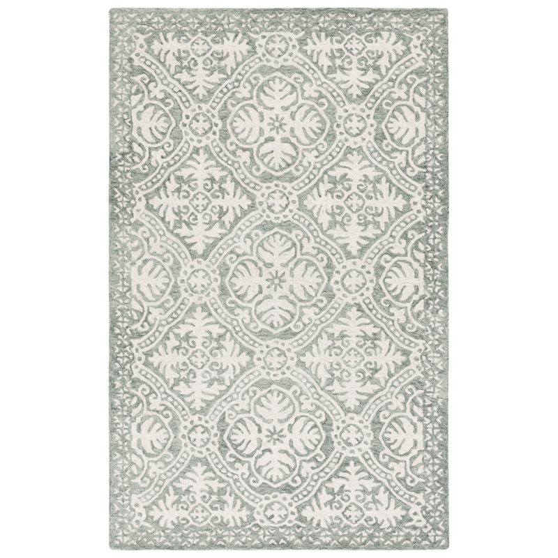 Sage and Ivory Hand-Tufted Wool Damask Area Rug 5' x 8'