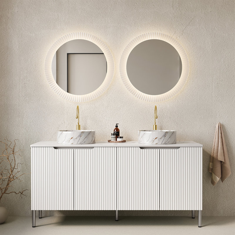 Meuble-lavabo autoportant de 60 po avec lavabo 60 po avec 4 portes, 2 lavabos ronds blancs en céramique avec motif en pierre et comptoir blanc Carrara, sans couleur de robinet