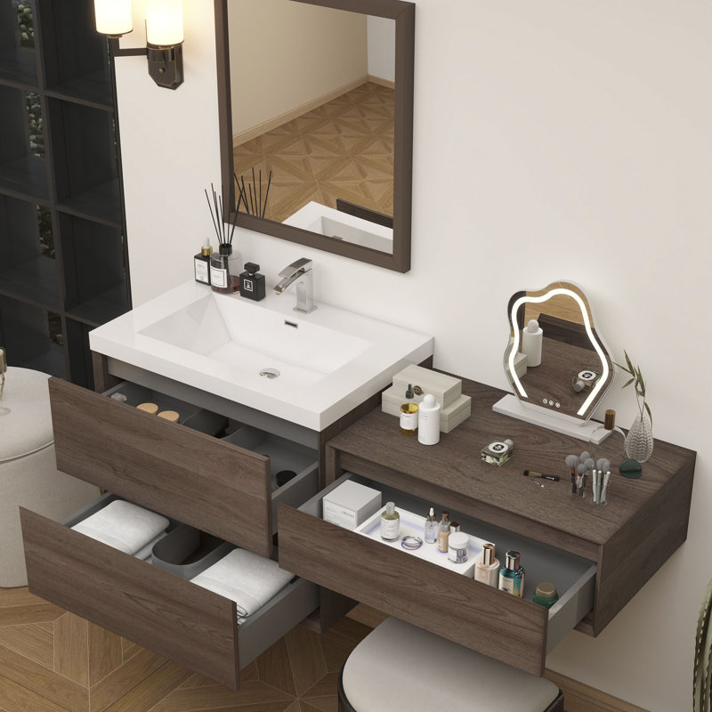 Meuble-lavabo mural 48 po avec évier en acrylique renforcé Aliki, Chêne rouge
