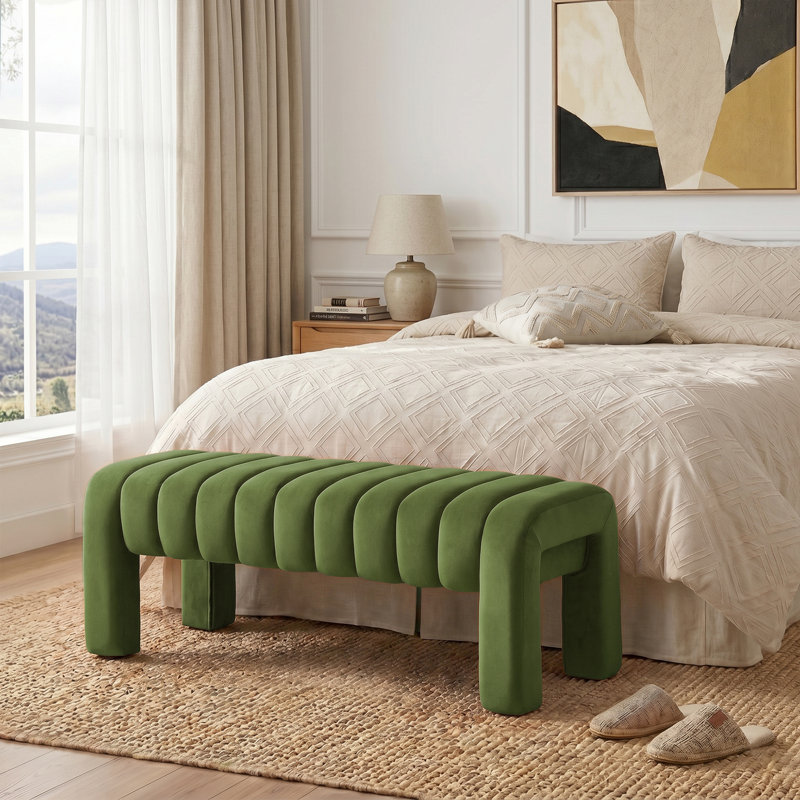 Oyan Modern Channel Tufted Backless Upholstered Bench, 17" H x 43.3" W x 17.3" D, Green Velvet