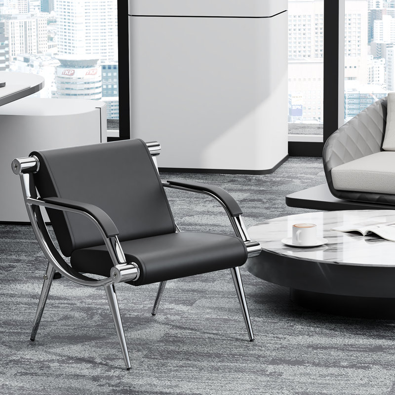 Black Leather Reception Chair with Chrome Iron Frame