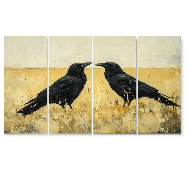 2 corbeaux au bord du champ I - décoration murale oiseau - art mural moderne, H 28 po x l 48 po