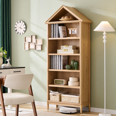 75.9" Tall Angled Arch Bookshelf, 5-Tier Geometric Large Bookcase with Storage, Modern Triangular Top with Adjustable Shelves, Wooden Cabinet with Open Display Shelves for the Living Room or Study