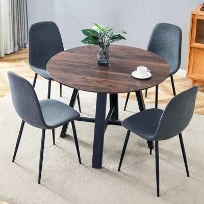 Diameter Modern Minimalist Round Dining Table,Paired With 4 Linen Fabric Chairs,Iron Pipe Spraying Chair Legs.