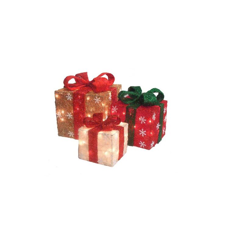 Northlight Set of 3 Lighted Gold, Cream and Green Gift Boxes Outdoor ...