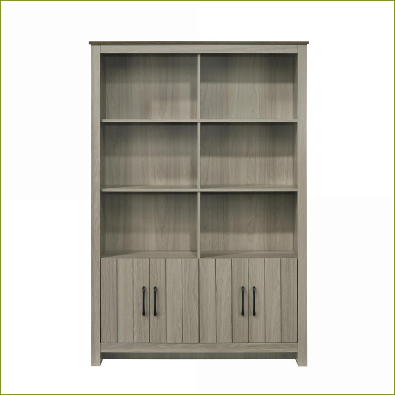 Bibliothèque, l 47 po élégant chêne gris contemporain avec 4 armoires et 6 tablettes | Bois d'ingénierie | Chêne