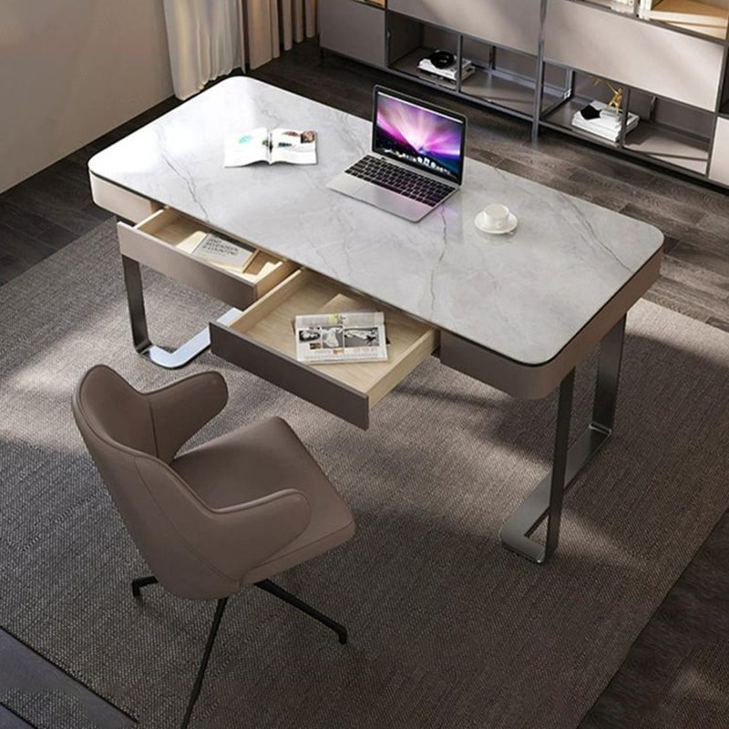Bureau rectangulaire en pierre frittée avec tiroirs, H 29,53 po x l 55,12 po x P 23,62 po, Gris