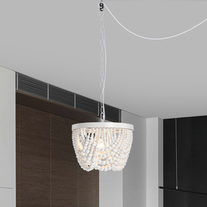 Lustre avec perles en bois Cordon à brancher blanc