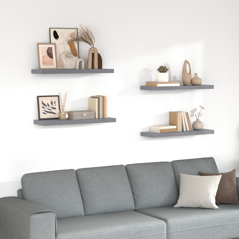 Wall Shelf  Wall Mounted Display Shelf for Photo Frame Set of 4, 1.5" H x 31.5" W x 9.3" D, Gray, 4