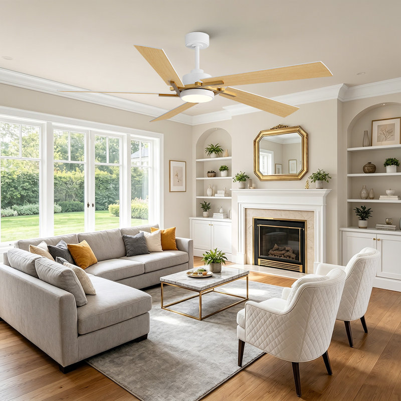64in 7 Plywood Blades Indoor Standard Ceiling Fan with Integrated LED and Remote, Natural Wood Grain, White and Gold