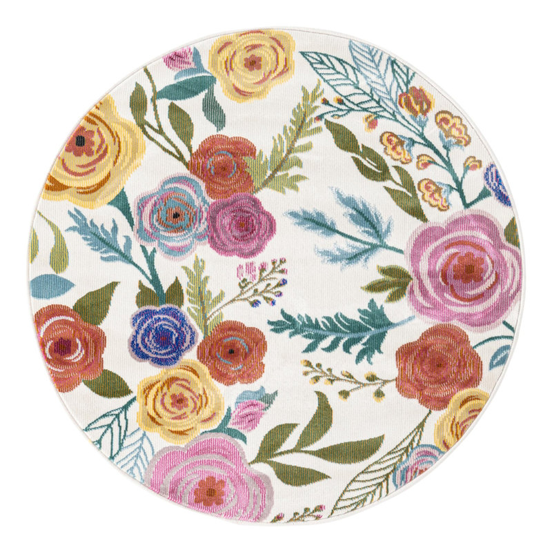 Tapis ivoire à motif floral Daignault, Rond 3 pi 3 po