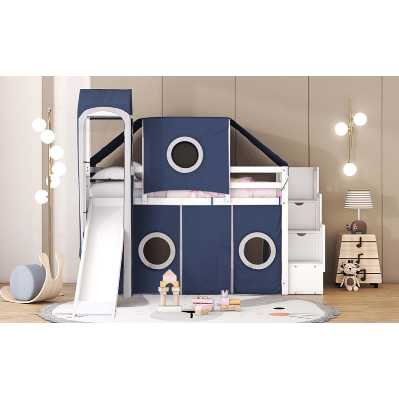 Lit mezzanine avec tente et tour, Bleu, Lit simple