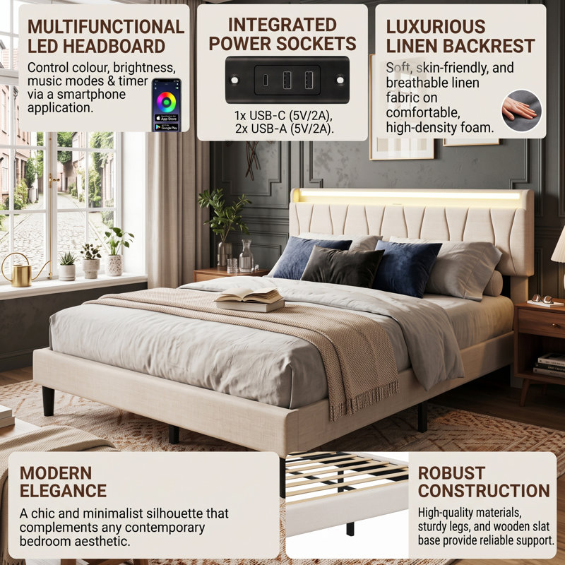 Upholstered Linen Platform Bed, European Double (140 x 200 cm), Beige