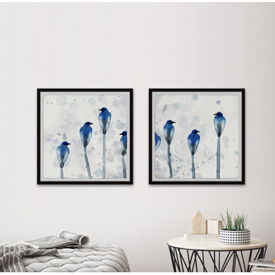 Diptyque d'oiseaux bleus debout