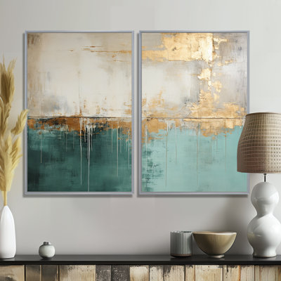 Minimalisme doré et horizon bleu sarcelle - impressions sur toile bleues
