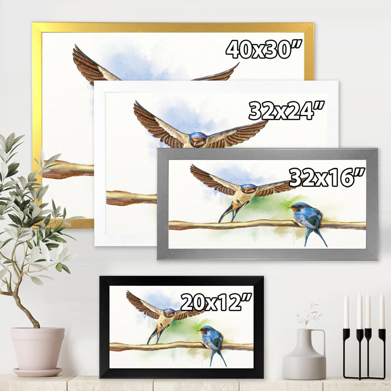 «Two Barn Swallows Birds», peinture sur toile encadrée, H 12 po x l 20 po x p 1 po, Encadrement argenté