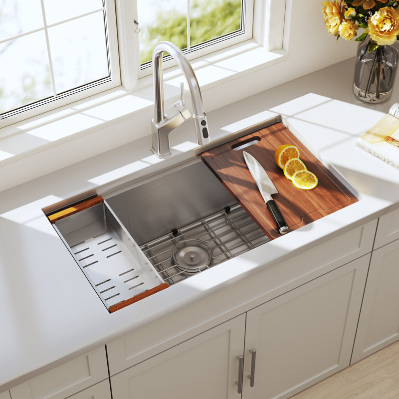 Blenzia 32 Inch Undermount Workstation 16 Gauge 304 Stainless Steel Single Bowl Handmade Rectangular Kitchen Sink with Accessories Combo 32" x 18" x 10"