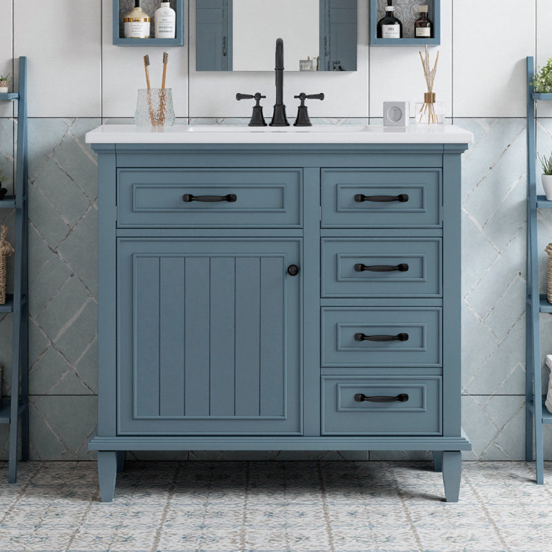 Meuble-lavabo bleu gris 36 po avec lavabo en céramique, tiroirs rabattables et charnières à fermeture en douceur