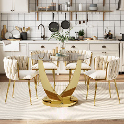 Round Glass Dining Table Set of 4, Tempered Glass Tabletop Metal Pedestal, with 4 Upholstered Velvet Chairs, Space-Saving, Chairs by Everly Quinn