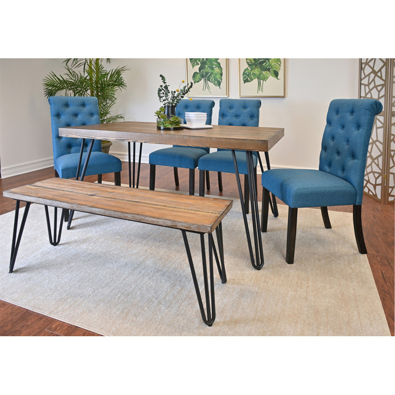 Ensemble de salle à manger 6 pièces avec table rustique, chaises rembourrées et banc élégant pour une maison élégante, Bleu