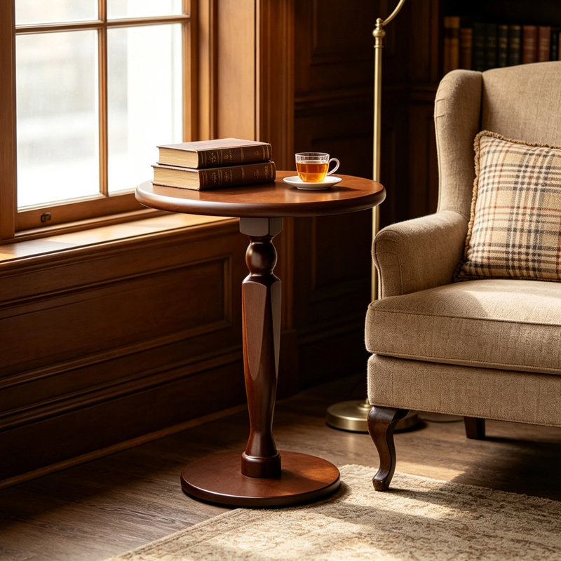 Table de bout ronde en bois massif, petite table basse ronde dans le salon.