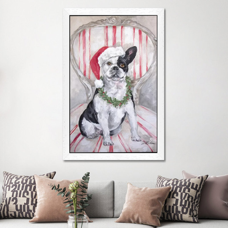 Frenchies Christmas by Debi Coules - Painting on Canvas, 66.04 cm H x 45.72 cm W, White Floater Framed