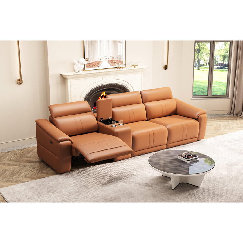 4 fauteuils en cuir brun avec 2 porte-gobelets, canapé modulaire confortable pour le salon, petits espaces de style moderne et différents réglages, fonction inclinable électrique, éponge haute respirante, porte-espaces de rangement