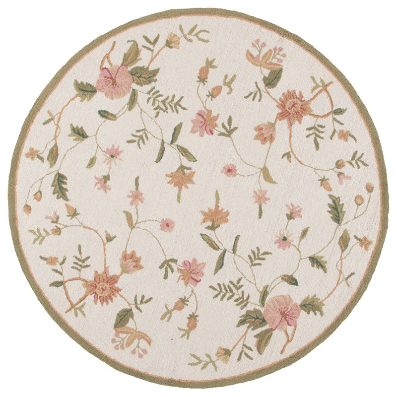 Kinchen Hand Hooked Wool Floral Rug, Beige, Round 5'6"