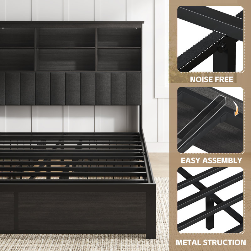 Metal Bed Frame with Bookcase Headboard, Rustic Gray