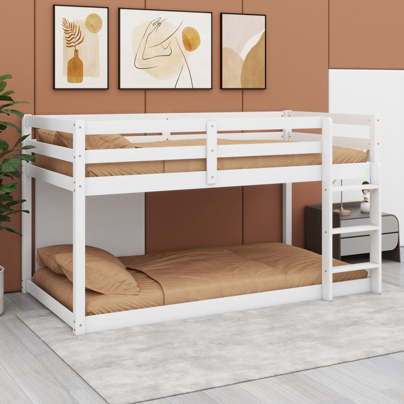 Solid Rubber Wooden Floor Bunk Bed With Ladder And Strengthened Slats, White