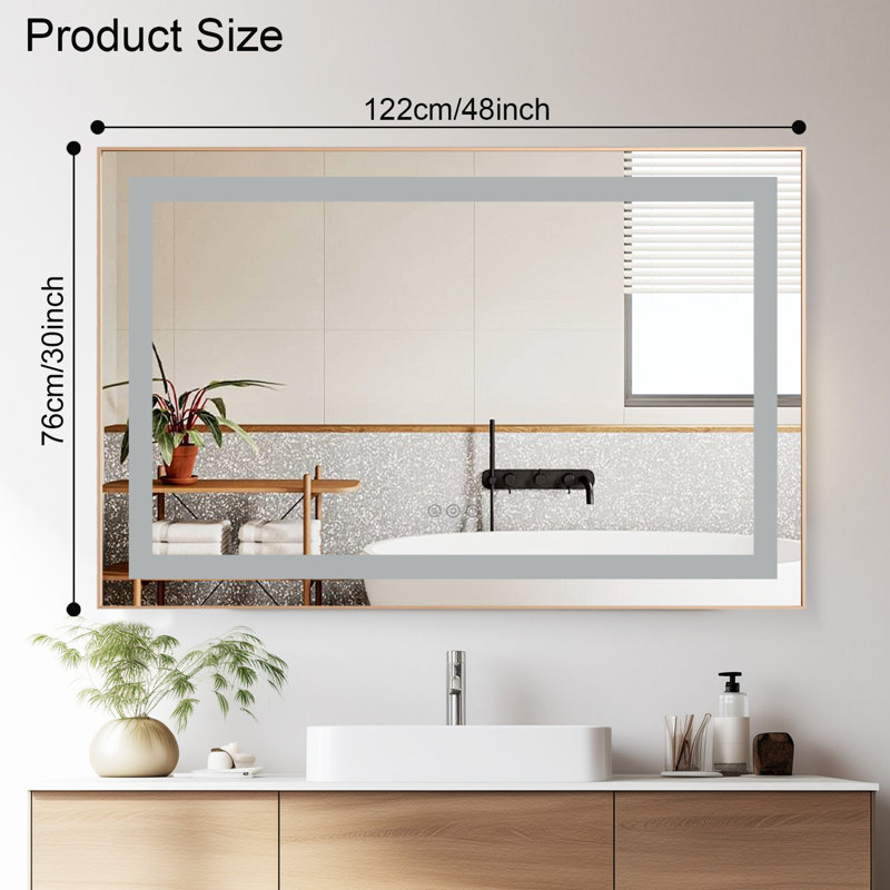Miroir de salle de bain à DEL avec miroir, rétro-éclairage mural, miroir mural, 30 po x 48 po, Or brossé