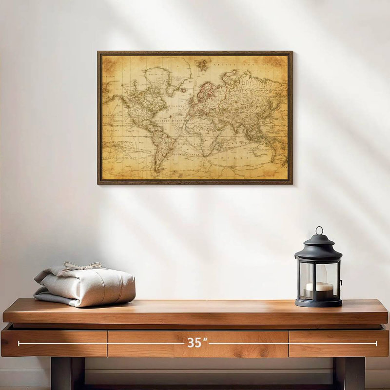 Carte du monde de l'Ancien siècle, 19 po x 13 po, Cadre flottant en noyer