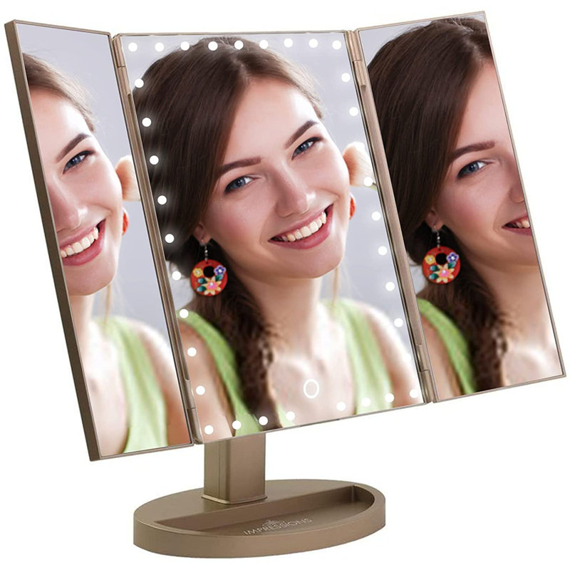 Touch Trifold XL Dimmable LED Makeup Mirror with Standing Base Vanity Dressing Mirror with USB Cable, Champagne Gold