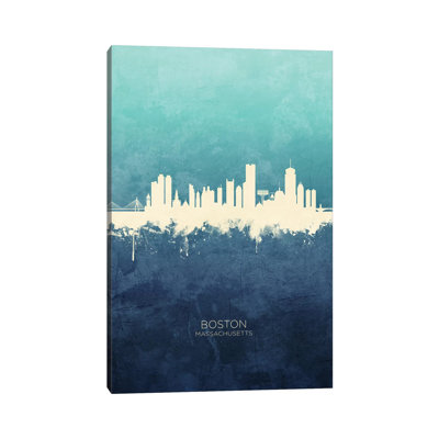 " Boston Massachusetts Skyline Navy Cyan " by Michael Tompsett