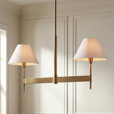50" W x 22.5" H 2-Light Linear Chandelier in Aged Brass with White Fabric Shades and Designer Canopy