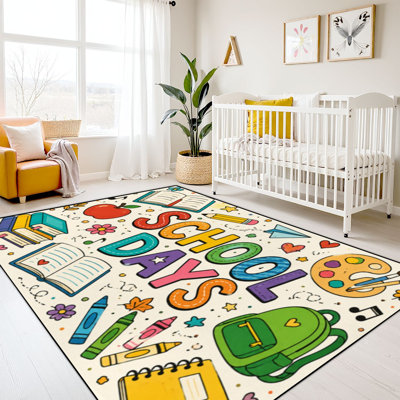 10x14 Kids Learning Rug Washable Area Rugs for Classroom, Colorful Books Art Supplies Playful Elements Back to School Learning Carpet for Preschool Nursery Soft Rubber Backed Non-Slip