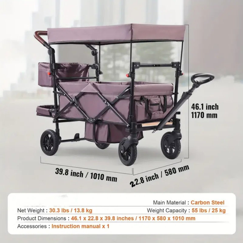 Poussette pliable à roulettes pour 2 jeunes - mauve foncé / noir, poignée réglable, pavillon amovible, freins à 4 roues, structure en métal, aucune électricité nécessaire, poches latérales et conception compacte, commodité parentale | Auvent en tissu durable