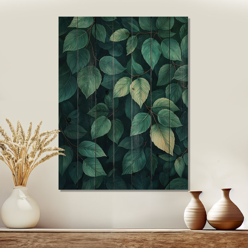 Emerald Green Leaves Lush Layers III - Leaves Wood Wall Art - On Natural Pine Wood, 40" H x 30" W x 0.78" D