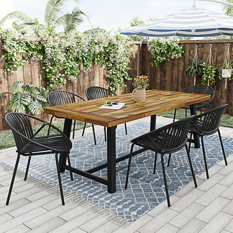Ensemble de salle à manger d'extérieur moderne 7 pièces avec chaise empilable, Noir