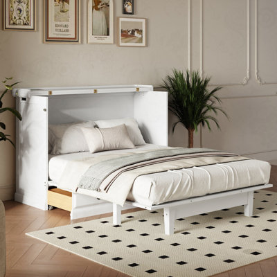 Farmhouse Style Solid Pine Wood Murphy Bed Chest Cube Cabinet Bed with Charging Station and Large Storage Drawer for Home Office or Small Room,Queen -  Gracie Oaks, 1AF2738326134A19B5572FDD08D10675