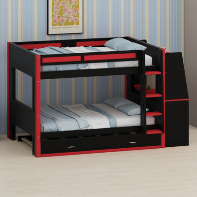 Lit superposé polyvalent pour enfants présentant une configuration tout-en-un avec un bureau, une bibliothèque, des prises à DEL intelligentes et un lit gigogne 