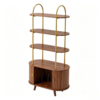 4-Tier Mid-Century Modern Record Player Stand with Arched Fluted Bookshelf, Sliding Door & Vinyl Storage – Walnut