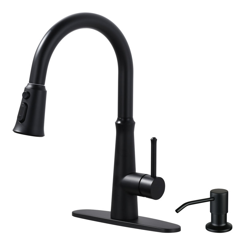WOWOW Pull Out Kitchen Faucet with Soap Dispenser, Matte Black