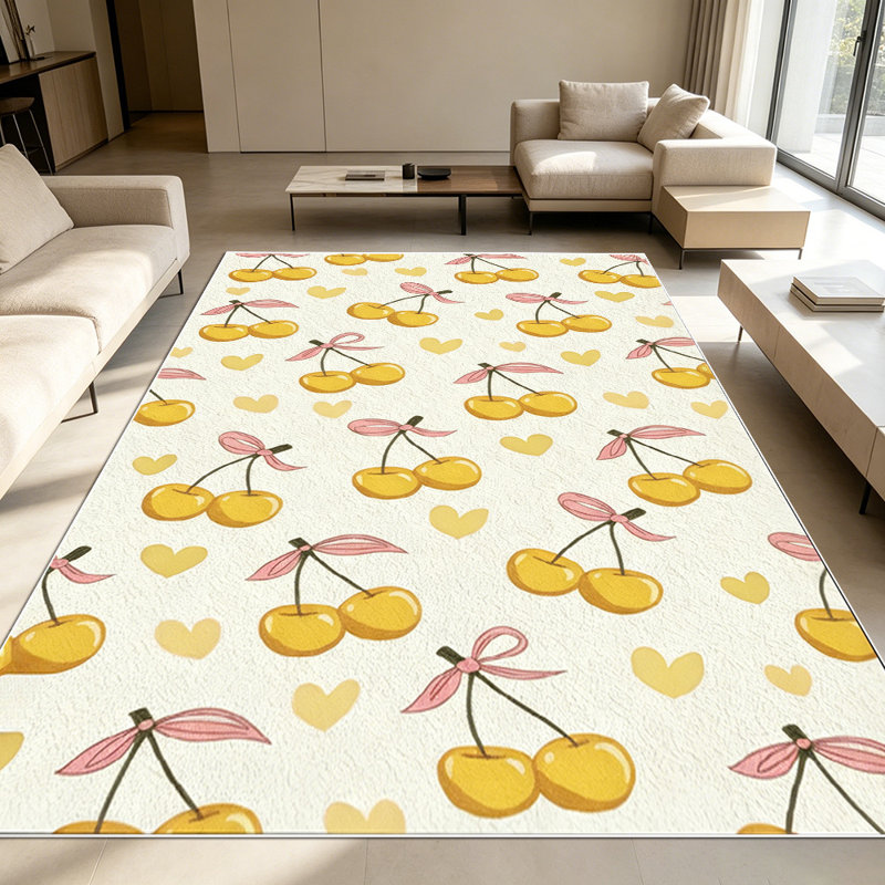 1PC Yellow Cherry & Pink Bow Print area rugs for Living Room, Soft and Comfortable, Suitable for all seasons, easy-to-maintain, machine washable Indoor floor mat, Under Table Farmhouse suitable for dining table, kitchen, bedroom, entryway, backyard
