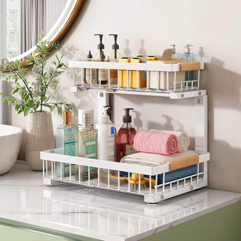 White Expandable Under Sink Organizer with Sliding Shelves