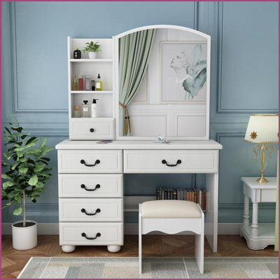 Meuble-lavabo avec miroir éclairé 6 tiroirs, éclairage à intensité variable 3 couleurs | Blanc | Panneau de fibres à densité moyenne